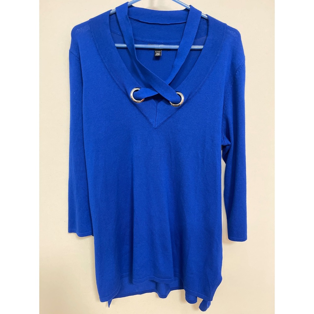 Anne Klein Royal Blue Grommet V-Neck Tunic Sweater XL 3/4 Sleeve Cobalt Top